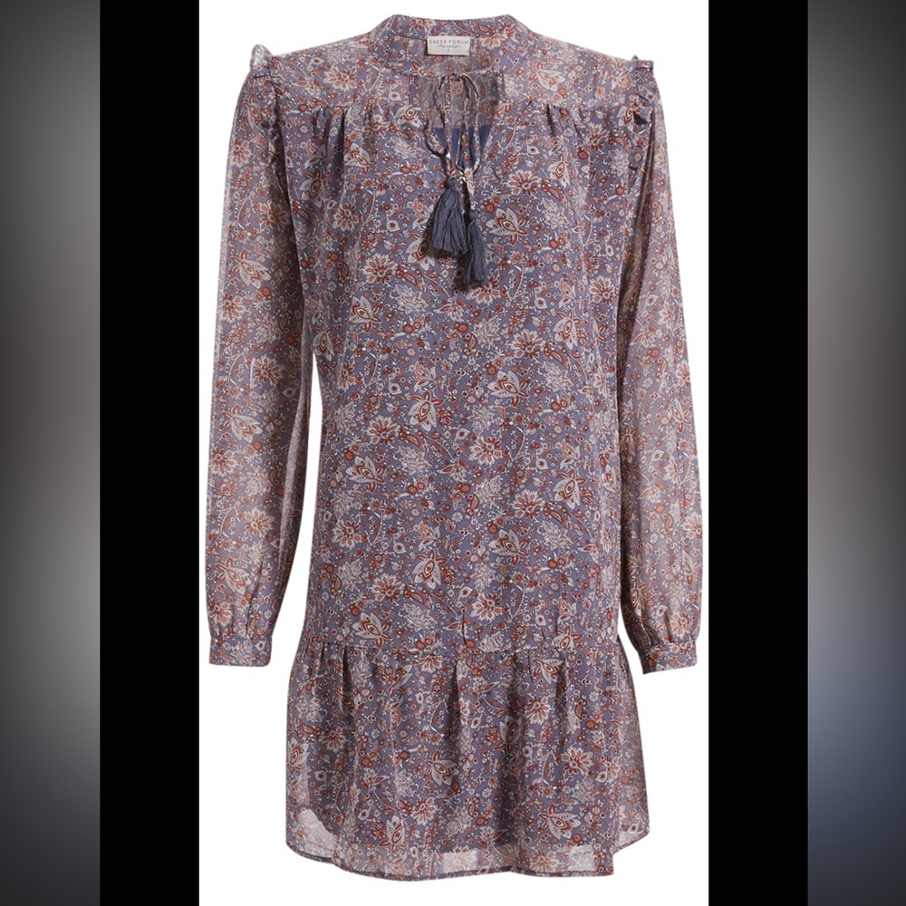 Boho Multicolor‎ Lined Long Billow Sleeve Ruffle Dress Tassels Cottagecore